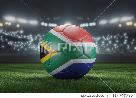 Soccer ball in flag colors on a bright blurred stadium background. South Africa. 3D image 114748780