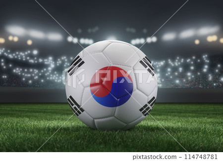 Soccer ball in flag colors on a bright blurred stadium background. South Korea. 3D image 114748781