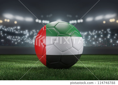 Soccer ball in flag colors on a bright blurred stadium background. UAE. 3D image Soccer ball in flag colors on a bright blurred stadium background. UAE. 3D image 114748788
