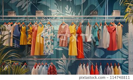 Rack of clothes hanging next to a plant in a summer closet. Creative concept of womens clothing showroom with designer dresses and shirts. 114748811