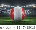 Soccer ball in flag colors on a bright blurred stadium background. Peru. 3D image 114748918