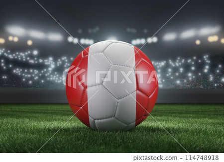 Soccer ball in flag colors on a bright blurred stadium background. Peru. 3D image Soccer ball in flag colors on a bright blurred stadium background. Peru. 3D image 114748918