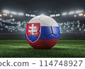 Soccer ball in flag colors on a bright blurred stadium background. Slovakia. 3D image 114748927