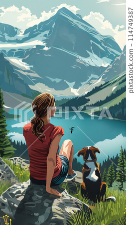 Woman with dog on top of a mountain watching a landscape of mountain lake 114749387