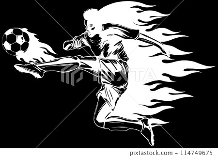 Soccer player shooting a ball in white line on black background Soccer player shooting a ball in white line on black background 114749675