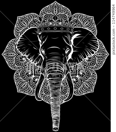 Elephant head in white line on black background Elephant head in white line on black background 114749964