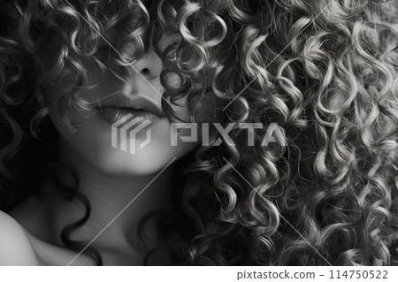 Black and white closeup of woman hairstyle with voluminous curly hair 114750522