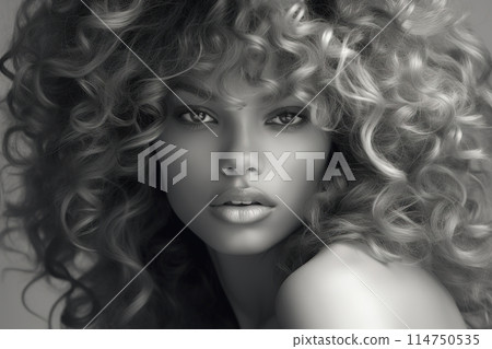 Black and white closeup of woman hairstyle with voluminous curly hair 114750535