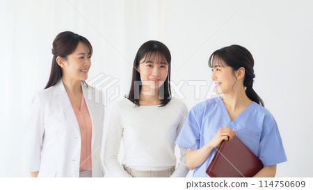 Medical workers supporting female patients Medical workers supporting female patients 114750609