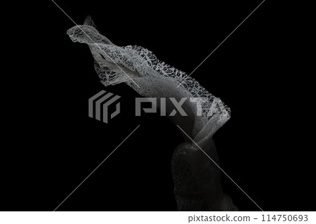 White lace fabric flying in curve shape, Piece of textile white lace fabric throw fall in air. Black background isolated, dark shading environment White lace fabric flying in curve shape, Piece of textile white lace fabric throw fall in air. Black background isolated, dark shading environment 114750693