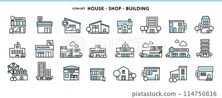 簡單的設計圖標材料，如房屋、商店、建築物等。 114750816