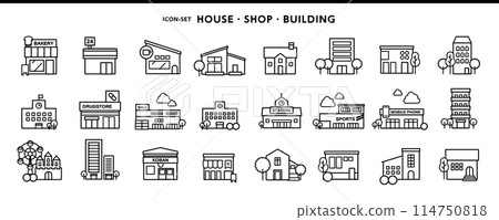 簡單的設計圖標材料，如房屋、商店、建築物等。 114750818