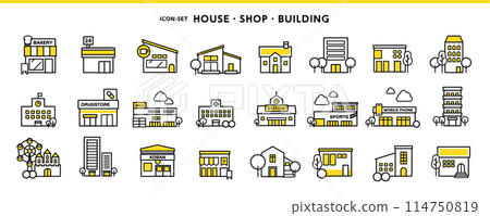 簡單的設計圖標材料，如房屋、商店、建築物等。 114750819