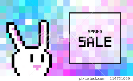 Big spring sale colorful banner with white Easter rabbit on mosaic background 114751069