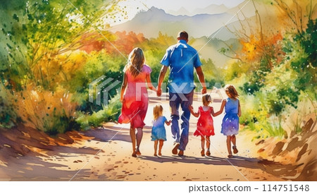 Watercolor_family0020一家人在秋天的公園玩耍 114751548