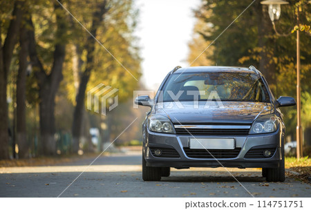 Car parked in quiet area on asphalt road at lamppost on blurred green and yellow trees bokeh background on bright sunny day. Transportation and parking concept 114751751