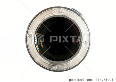 Camera photo lens close-up on white background with lense reflections. 114751991