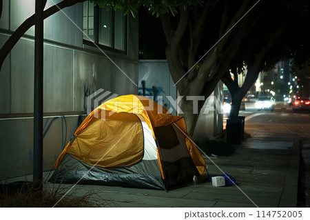 Yellow tent on urban sidewalk at night 114752005