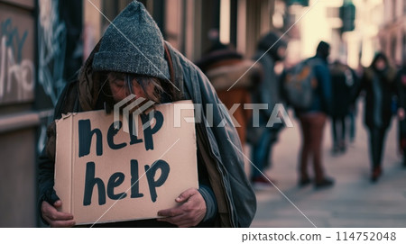 Homeless person hiding behind help help sign 114752048