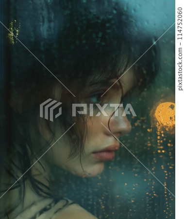 Rain-drenched window with reflective street lights 114752060