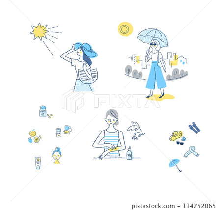 紫外線防護圖像:人和圖標集 紫外線防護圖像:人和圖標集 114752065