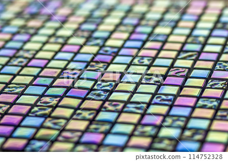 Geometric blue, purple and green mosaic tiles pattern. Wallpaper texture background. Small pieces tiles for construction and renovation works, decorative material for cowering walls and floor. 114752328
