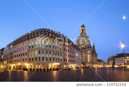 Long exposure of the Neumarkt square and Frauenkirche (Church of Our Lady) in Dresden on clear night, city square. Historic architecture buildings in Germany. 114752339