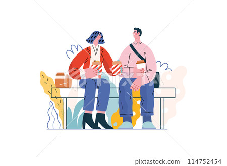 Mutual Support: Share food -modern flat vector concept illustration of woman offering half of her lunch to colleague in the park. A metaphor of voluntary, collaborative exchanges of resource, services 114752454