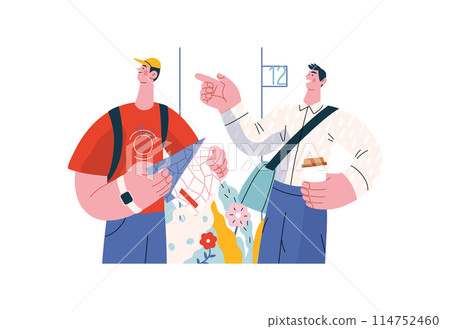 Mutual Support: Directing a passerby -modern flat vector concept illustration of man pointing the way to a tourist. A metaphor of voluntary, collaborative exchanges of resource, services Mutual Support: Directing a passerby -modern flat vector concept illustration of man pointing the way to a tourist. A metaphor of voluntary, collaborative exchanges of resource, services 114752460