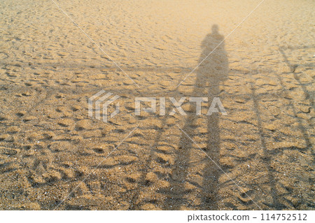 Shadows stretching across the sandy beach dyed in the setting sun 114752512