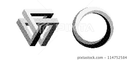 Bitmap impossible shapes set. Dither halftone unreal objects collection. Black textured triangle, circle, square elements for banner, poster, leaflet. Pixelated 3d raster effect bundle. Vector pack  114752584