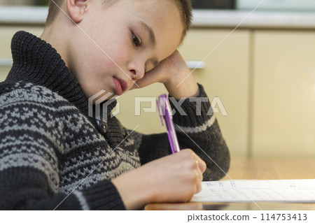 Child school age boy making his homework Child school age boy making his homework 114753413