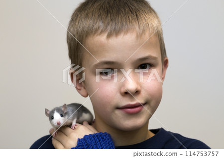 Portrait of happy smiling funny cute handsome child boy with white pet mouse hamster on shoulder on light copy space background. Keeping pets at home, care and love to animals concept. 114753757
