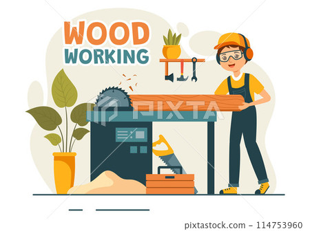 Woodworking Vector Illustration featuring Modern Craftsmen and Workers Producing Furniture Using Tools, Presented in a Flat Cartoon Style Background Woodworking Vector Illustration featuring Modern Craftsmen and Workers Producing Furniture Using Tools, Presented in a Flat Cartoon Style Background 114753960