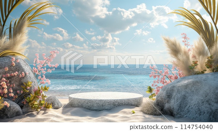 Twin image of podium with flowers on sandy beach 114754040