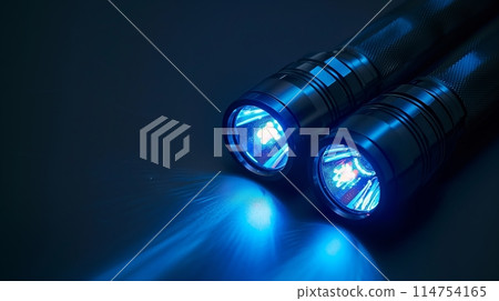Police flashlights pierce the dark, lighting up the night. 114754165