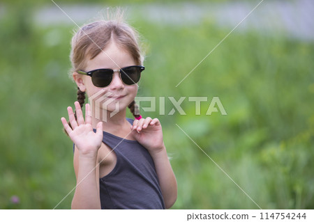Portrait of pretty child girl with braids in hair outdoors in summer. Portrait of pretty child girl with braids in hair outdoors in summer. 114754244