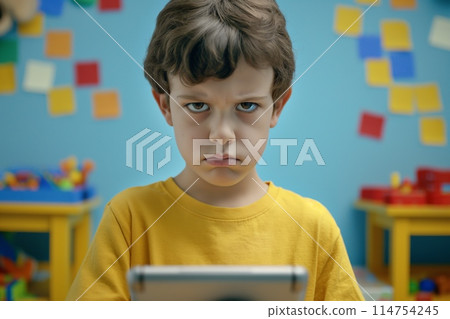 Grumpy boy glaring at camera 114754245