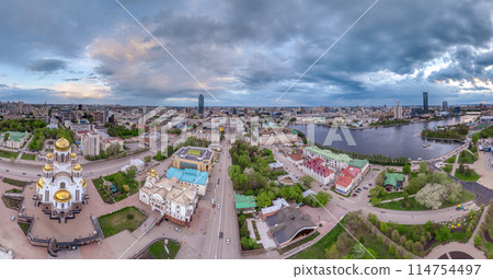 Summer Yekaterinburg and Temple on Blood in beautiful clear sunset.. Aerial view of Yekaterinburg, Russia. Translation of the text on the temple 114754497