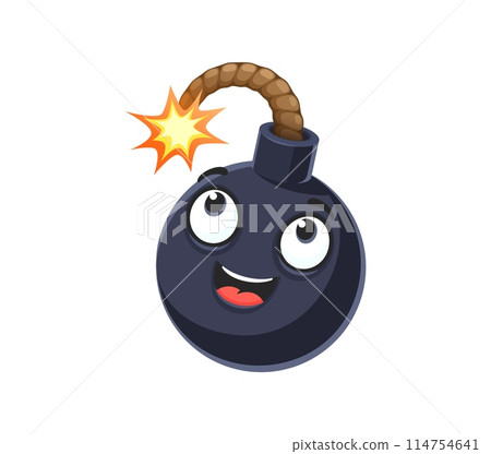 Cartoon bomb character. Isolated vector explosive weapon comic book or emoji personage, with cute face, big eyes, smile and lit fuse on top indicating its about to go off. Funny bomb with burning wick Cartoon bomb character. Isolated vector explosive weapon comic book or emoji personage, with cute face, big eyes, smile and lit fuse on top indicating its about to go off. Funny bomb with burning wick 114754641