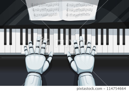 Robot piano musician, machine learning. Realistic 3d vector cyborg hands on the piano keys top view. Artificial intelligence music, neural network musical technologies, futuristic robotics composer Robot piano musician, machine learning. Realistic 3d vector cyborg hands on the piano keys top view. Artificial intelligence music, neural network musical technologies, futuristic robotics composer 114754664