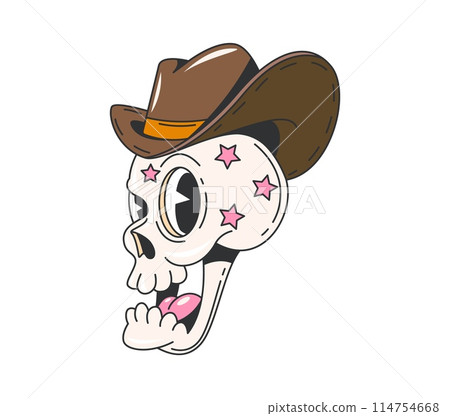 Cartoon retro groovy Wild West cowboy skull character, vector funky face. Groovy funny skeleton skull in cowboy hat with pink stars, 70s hippie comic character of Western Texas or Arizona art symbol Cartoon retro groovy Wild West cowboy skull character, vector funky face. Groovy funny skeleton skull in cowboy hat with pink stars, 70s hippie comic character of Western Texas or Arizona art symbol 114754668