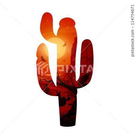Mexican cacti silhouette with desert landscape. Vector cactus shaped frame with sunset in Mexico. Deserted land with rocks, sun and plants, flying birds, red duck sky with clouds and trees beneath Mexican cacti silhouette with desert landscape. Vector cactus shaped frame with sunset in Mexico. Deserted land with rocks, sun and plants, flying birds, red duck sky with clouds and trees beneath 114754671