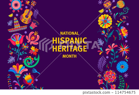 National Hispanic heritage month banner with tropical flowers, sombrero and musical instruments, vector decorative borders. Hispanic Americans ethnic culture, tradition and Latin art background 114754675