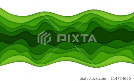 Green paper cut waves background of ecology environment, vector abstract papercut blank banner. Green nature paper cut pattern with cutout layers, eco environment and ecology conservation concept Green paper cut waves background of ecology environment, vector abstract papercut blank banner. Green nature paper cut pattern with cutout layers, eco environment and ecology conservation concept 114754690