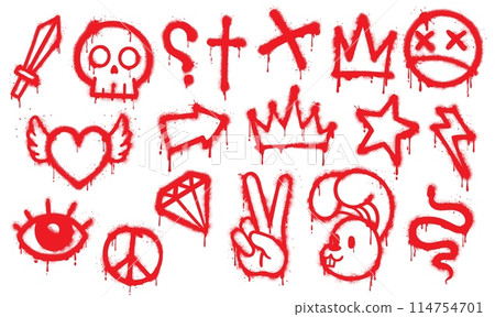 Graffiti red spray paint, grunge element. Vector set of street art style icons and rebellious symbols. Skull, cross, crown, peace sign, and heart with wings, sword, star, rabbit or diamond, eye, flash Graffiti red spray paint, grunge element. Vector set of street art style icons and rebellious symbols. Skull, cross, crown, peace sign, and heart with wings, sword, star, rabbit or diamond, eye, flash 114754701