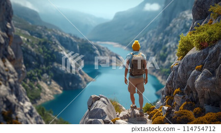 Solo traveler overlooking a mountainous lake Solo traveler overlooking a mountainous lake 114754712