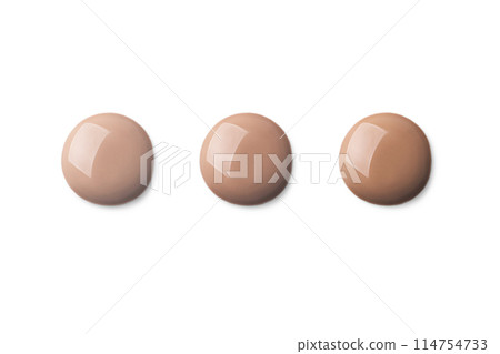 3 Three foundation shade swatches, round shape. Make up smear swatch foundation smudge texture isolated on white background 114754733