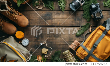 Top view of hiking gear on wooden background 114754783