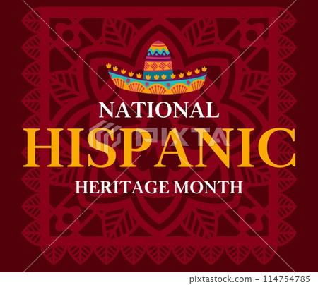 National hispanic heritage month banner with sombrero and papel picado paper cut flag vector background. Mexican and hispanic americans culture festival poster with bright color ethnic pattern 114754785
